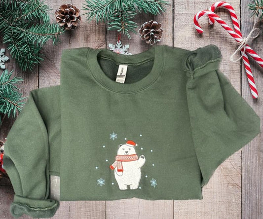 Polar Bear embroidered Crewneck Sweatshirt Fabric Winter