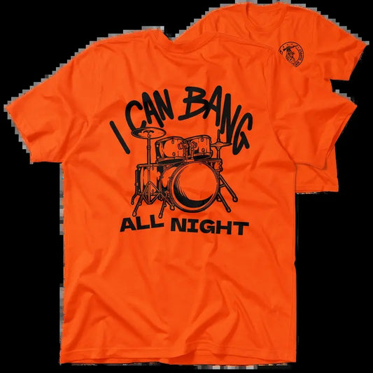 Bang All Night Hi Visibility Safety Orange T-Shirt Jersey Men's 30-Day Guarantee Quality Cotton/Poly Blend with Blue Collar - Menswear, Graphic Tees, Funny, Sarcastic, Top Apparel