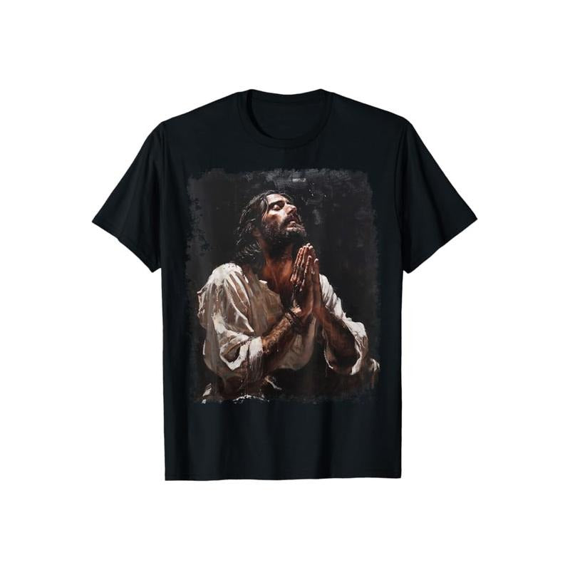 Praying Jesus Christ Christian Tee Crew Neck Short Sleeve T-Shirt Tops Trendy for Unisex