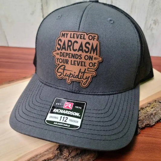 Premium Leather Patch Trucker Hat with Sarcasm Funny Print trucker hat