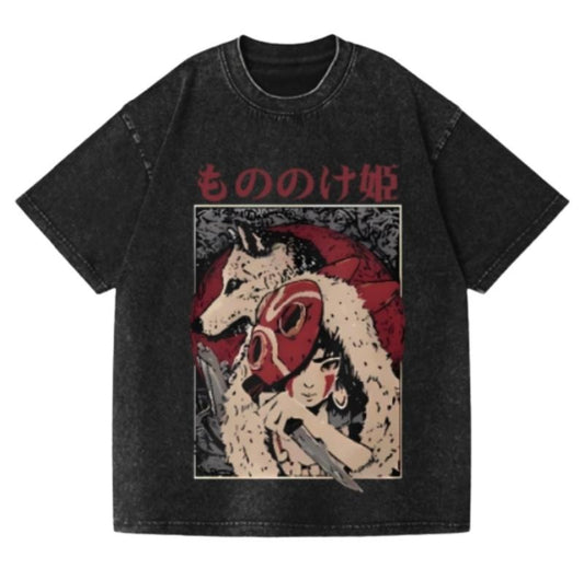 Princess Mononoke Hayao Miyazaki Ghibli Anime Vintage Wash Japanese Design T-Shirt, Funny Anime Graphic Tee Shortsleeve Comfort Top