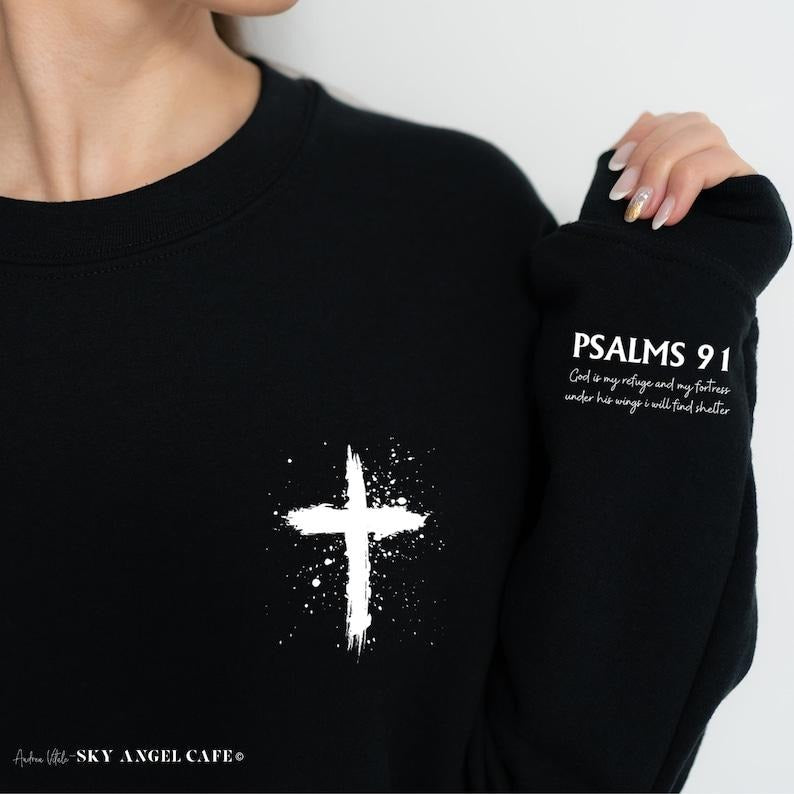 Psalms 91 Sleeve with Cross Sweatshirt, Church Bible Study Matching Tops, Christian Religious Bible Verse, Faith Based Christ Jesus  T-shirt, sweater and Hoodie