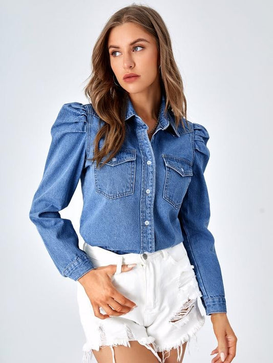 Puff Long Sleeve Collar Button Up Denim Shirt Blouse Top with Flap PocketY2K