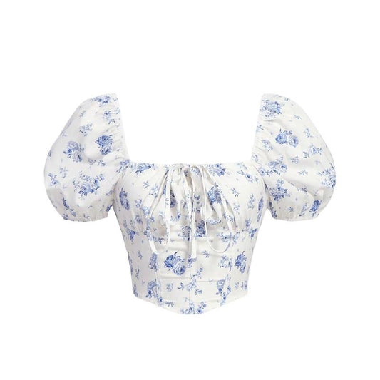 Puff Sleeve Asymmetrical Hem Bow Blouse Crop Tops