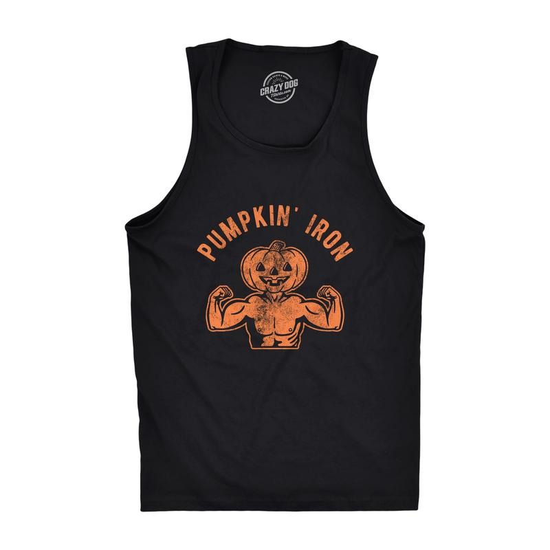 Pumpkin Iron Mens Fitness Tank Funny Halloween Workout Fitness Jack-O-Lantern Graphic Tanktop Funny Workout Shirt for Men with Plus Sizes Halloween Tank Top for Men Funny Fitness Sleeveless Tee Black -