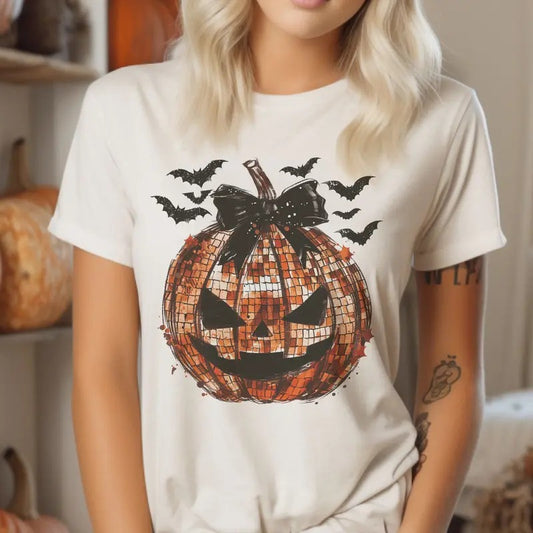Pumpkin Tshirt Disco Pumpkin Jack-O-Lantern Tees Halloween Disco Pumpkin T-Shirts Pumpkin Bow Top Halloween Disco Pumpkin Bow Tees Coquette Disco Pumpkin Jack-O-Lantern