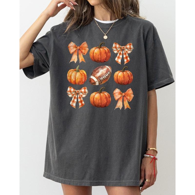 Pumpkin, Football, Bows, Ribbons, Fall, Autumn, Thanksgiving, Halloween, Sports, Touch Down, Coquette Shirt, Women's Comfort Color Tee, Tshirt