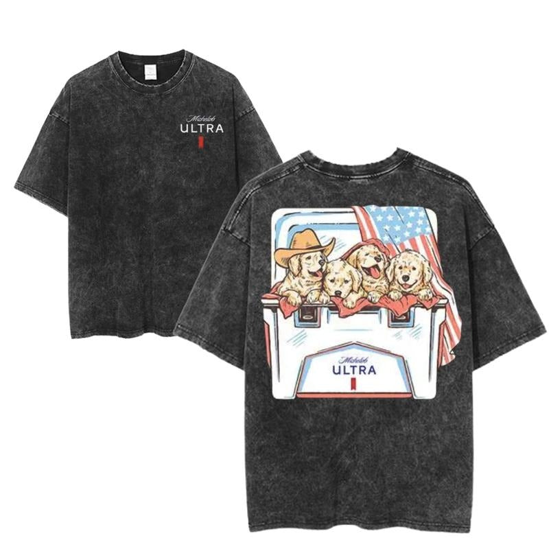 Puppy Cooler Graphic Tee, Patriotic Dog Shirt, Cowboy Puppies 4th Of July Tee, Beer Cooler Funny Shirt, Unisex Menswear Womenswear Top