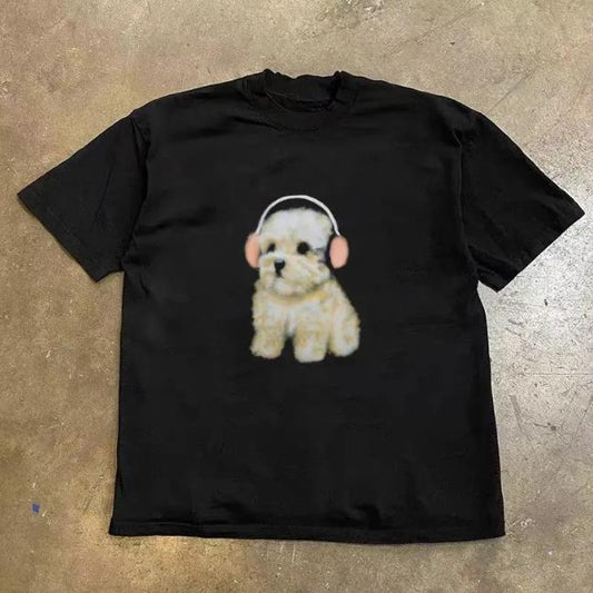 Puppy Listening T-Shirt, Unisex Graphic Tees Gothic Grunge Y2k Emo Scene Amity Affliction Style Clothes Menswear Womenswear Streetwear