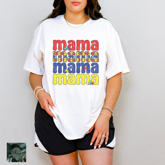 Puzzle Piece Autism Mama White 100% Ring spun Cotton T-Shirt Unisex Fit