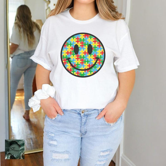 Puzzle Piece Smiley Face Autism Awareness White 100% Ring spun Cotton T-Shirt Unisex Fit
