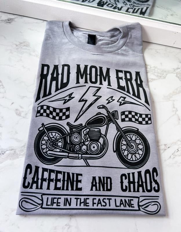 Rad Mom Era Caffeine and Chaos Motorcycle Short Sleeve Graphic Tee Unisex Screen Printed T-Shirt Womenswear Crewneck Casual Tshirt Top