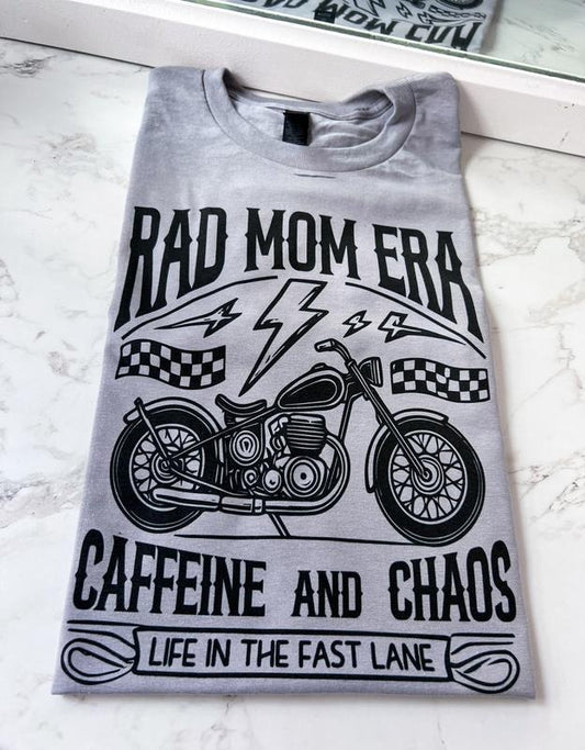 Rad Mom Era Caffeine and Chaos Motorcycle Short Sleeve Graphic Tee Unisex Screen Printed T-Shirt Womenswear Crewneck Casual Tshirt Top