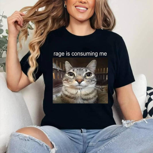 Rage Is Consuming Me Silly Staring Cat Meme T-Shirt , Unisex Cotton, Crewneck, Top Womenswear