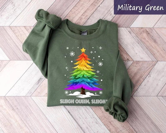 Rainbow Christmas Tree Sweatshirt, Sleigh Queen Sleigh, Funny Pride Christmas Shirt, LGBTQ Holiday Shirt,Gay Bisexual Christmas Gift Lesbian