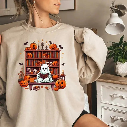 Reading Ghost Sweatshirt, Halloween Sweatshirt, Book Lover Shirt, Halloween Gift For Librarian, Ghost Book Sweatshirt, Spooky Season Tshirt