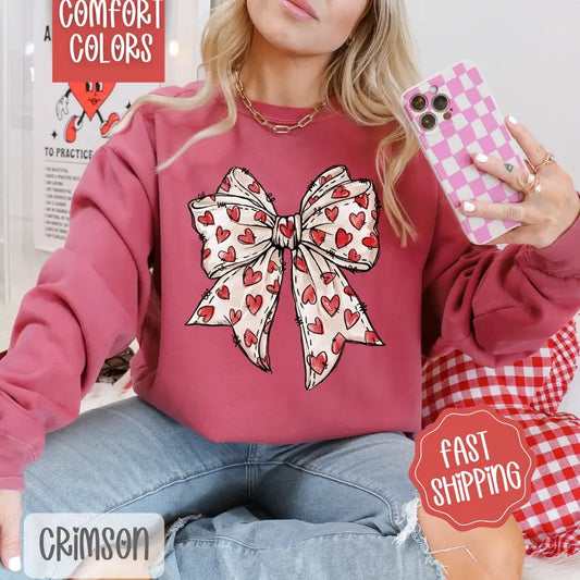 Red Heart Bow 2 Comfort Colors Sweatshirt, Valentine's Day Women's Crewneck, Holiday Women's Sweater