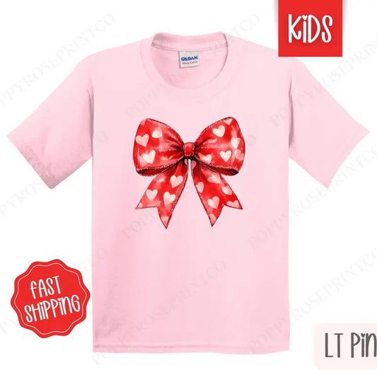 Red Heart Bow Kids Shirt - Valentine's Day Children's Tshirt - Youth Holiday Tee Gildan