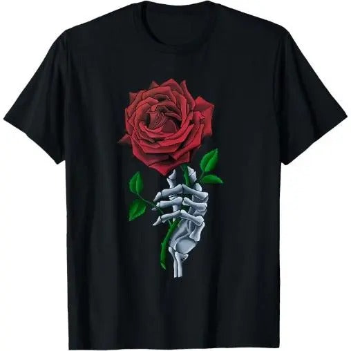 Red Rose Flower T-Shirt  Made in USA Men's Graphic T-Shirt with Skeleton Hand