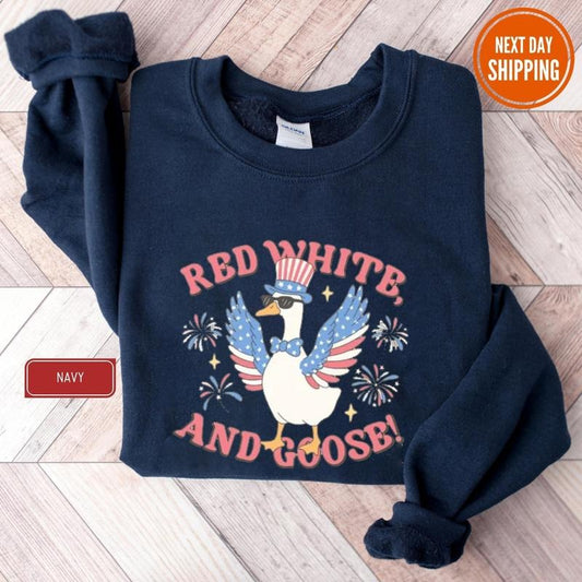 Red white and goose sweatshirt, patriotic goose tee, funny 4th of July Hoodie, USA graphic tee, silly summer shirt, July 4