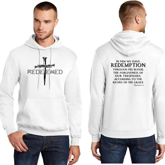 Redeemed Collection Hoodie - Redeemed By The Blood Of Jesus Ephesians Christian Catholic 1:7, Front & Back - Sweaters, Menswear