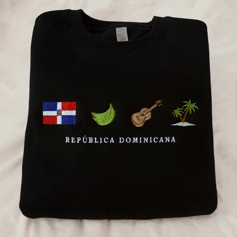 Republica Dominicana Embroidery Sweatshirt, Cozy, Black, Island, Platano Verde, Bachata, Merengue, Guira, Caribbean, Tropical, Gift, Symbol, Stitch Crewneck Unisex, Tambora, Guira, Guiro, Music, Santo Domingo, Punta Cana, Dominicano, Nature, Dominican