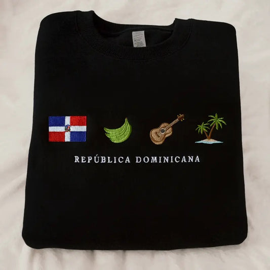 Republica Dominicana Embroidery Sweatshirt, Cozy, Black, Island, Platano Verde, Bachata, Merengue, Guira, Caribbean, Tropical, Gift, Symbol, Stitch Crewneck Unisex, Tambora, Guira, Guiro, Music, Santo Domingo, Punta Cana, Dominicano, Nature, Dominican