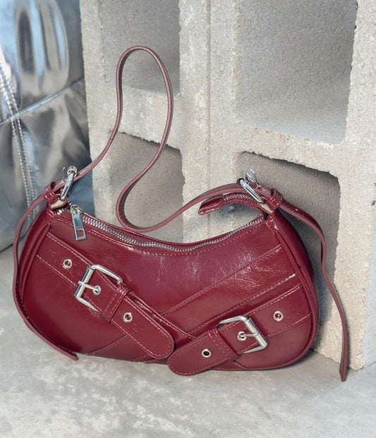 Retro Burgundy Belt Strap Adjustable Bag with Vintage Design Features