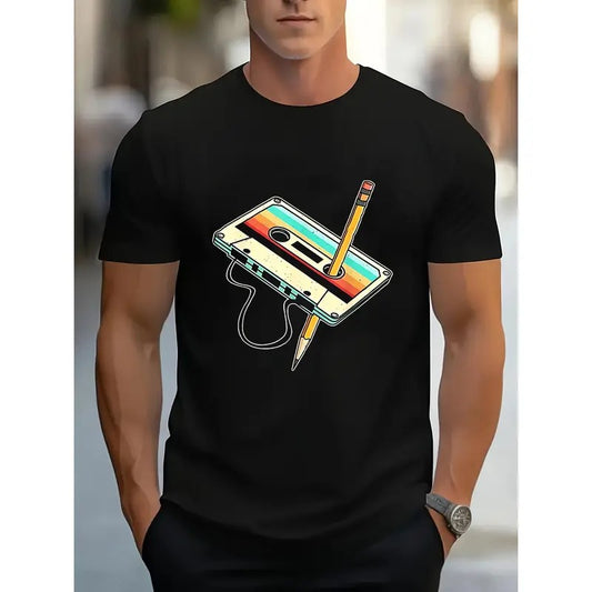 Retro Cassette Tape Pencil T-Shirt - 1980s Nostalgic Music Tee for Summer, Spring and Autumn Wear with 80s Retro Style Made in USAstyle{n002}2
