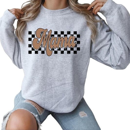 Retro Checkered Distressed Mama Crewneck Sweatshirt