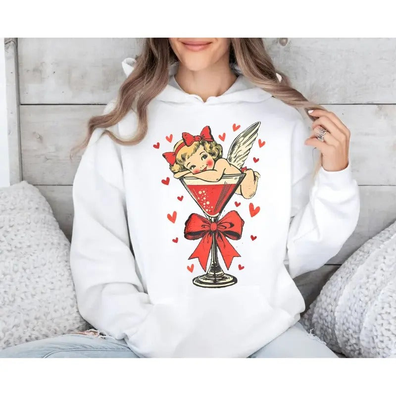 Retro Cupid Coquette Bow Shirt, Retro Valentine Shirt, Valentine's Day Sweatshirt, Valentines Bow Martini Hoodie, Unisex Sweater Pullover Tee