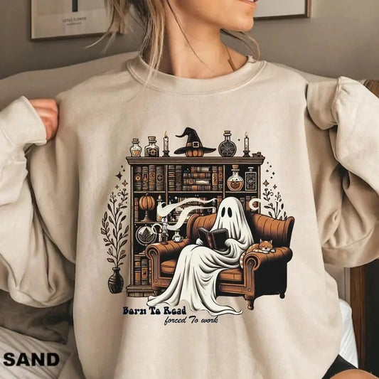 Retro Ghost Reading Books Sweatshirt Born To Read Forced To Work Shirt Book Lover Halloween Sweatshirt Bookish Librarian Teacher Fall Shirt
