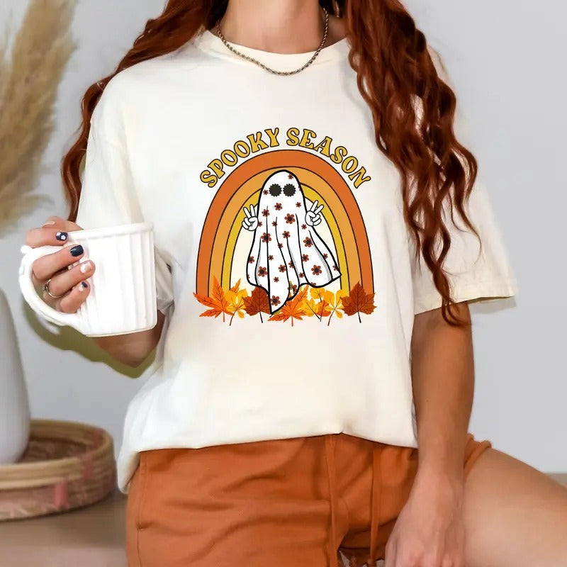 Retro Halloween Shirt, Spooky Season Shirt, Cute Ghost Shirt, Fall Rainbow Shirt, Autumn Shirt, Halloween Women's Shirt, Viral Tee, Unisex T-Shirt, Gifts For Men Women, Short Sleeve Tee Shirt, Gifts For Birthday Fathers Day Christmas Anniversary