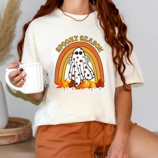 Retro Halloween Shirt, Spooky Season Shirt, Cute Ghost Shirt, Fall Rainbow Shirt, Autumn Shirt, Halloween Women's Shirt, Viral Tee, Unisex T-Shirt, Gifts For Men Women, Short Sleeve Tee Shirt, Gifts For Birthday Fathers Day Christmas Anniversary