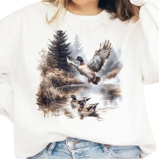 Retro Mallard Ducks Fall Pond Scene Sweatshirt T-shirt Hoodie - 90s Waterfowl Duck Forest Nature Outfit - Boho Unisex Crewneck Sweatshirt