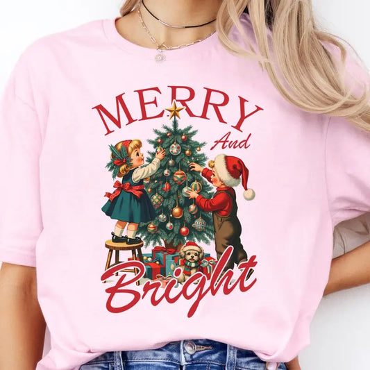 Retro Merry and Bright Santa Tshirt Vintage Merry and Bright Christmas Sweatshirt Womens Christmas Holiday Tshirt Retro Christmas Kids Graphic T-Shirt