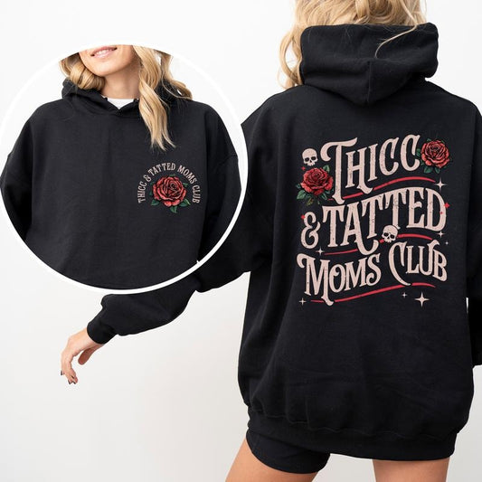 Retro Thicc Tatted Moms Club Hoodie, Vintage Tattoo Hoodies for Mom, Gothic Tattoos Are Trashy Sweatshirt, Tattooed Mama Tops, Gift Ideas for Mommy, Comfy Long Sleeve Pullover, Casual Womenswear