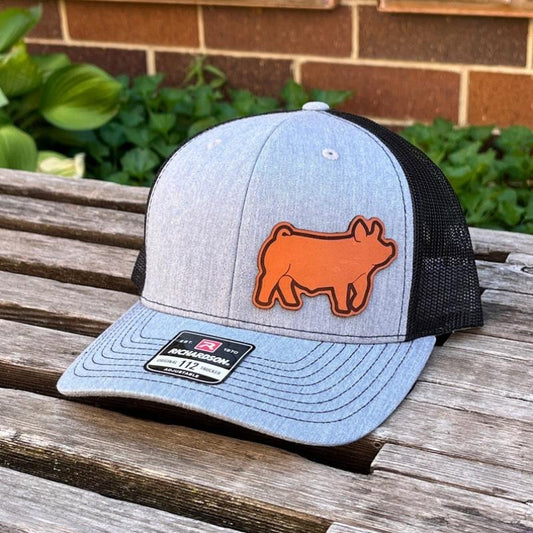 Richardson 112 Laser Engraved Leather Patch Hat- Show Pig Die Cut Real Authentic Leather