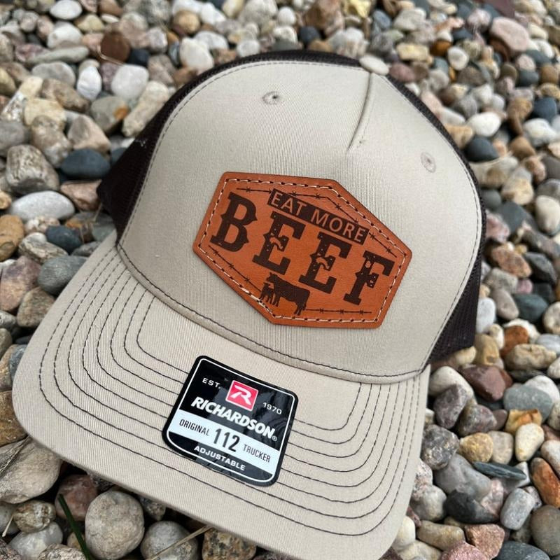 Richardson 112FP Laser Engraved Leather Patch Hat-Eat More Beef Patch Hand Stitched Real Leather