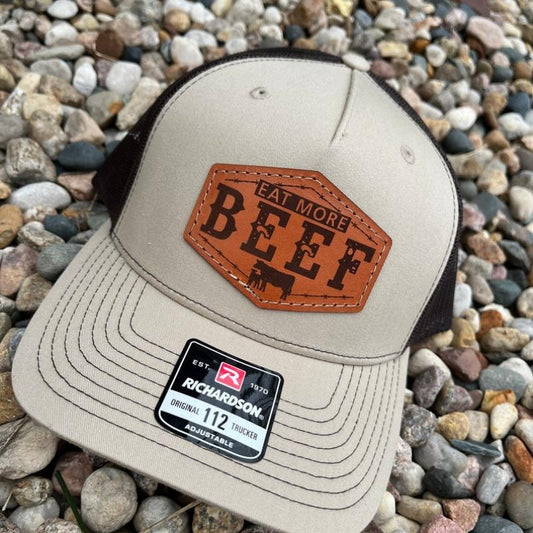 Richardson 112FP Laser Engraved Leather Patch Hat-Eat More Beef Patch Hand Stitched Real Leather