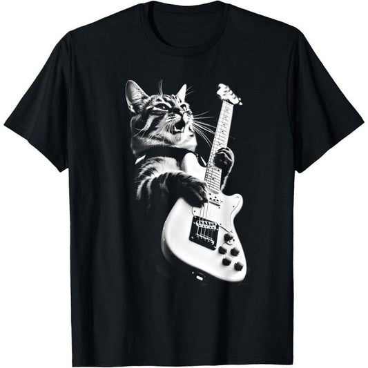 Rock Cat Playing Guitar - Funny Guitar Cat T-Shirt made in usa
