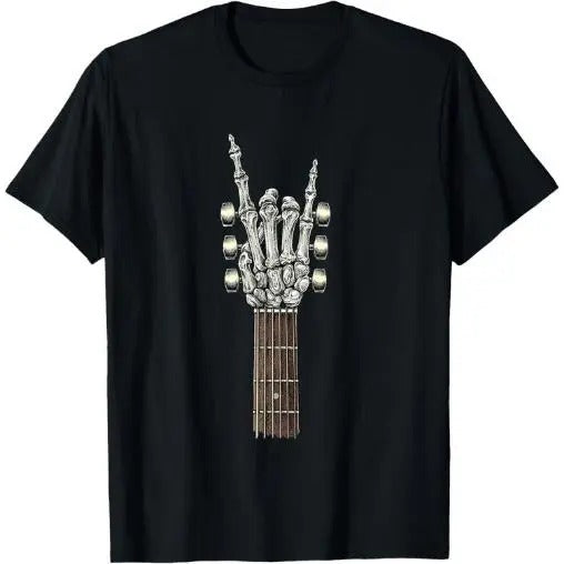 Rock On Guitar Neck Skeleton Hand Sign Rock & Roll Band Tees T-Shirt Made in USA Graphic