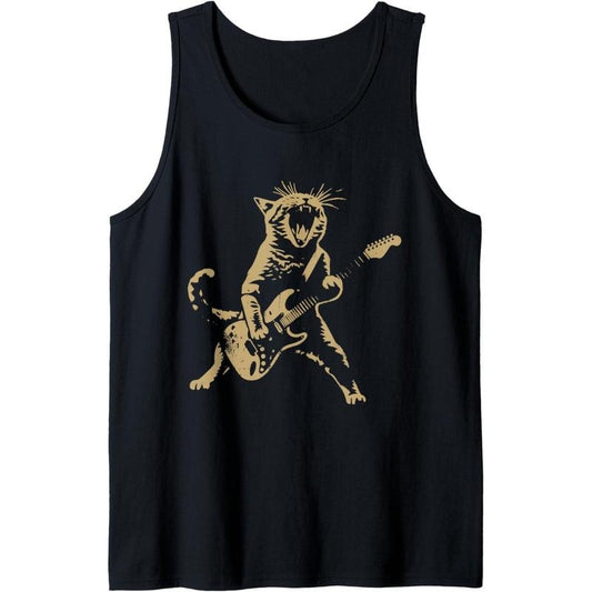 Rock and Roll Guitar Cat Funny Rockstar Cat Playing Guitar Tank Top made in usa
