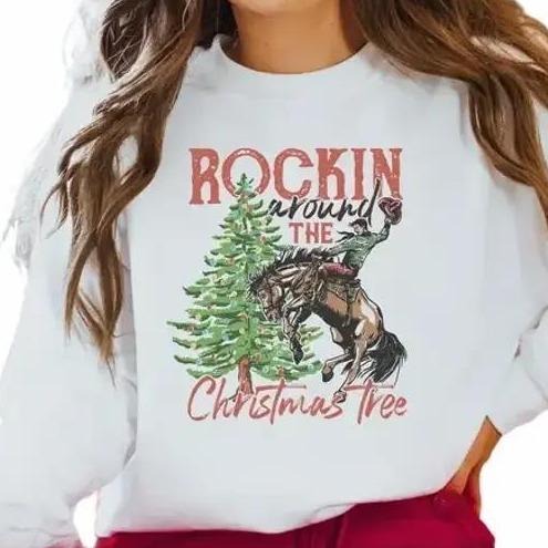 Rocking Around The Christmas Tree Sweatshirt, Retro Christmas Western Cowboy Sweatshirt Cotton Outfit