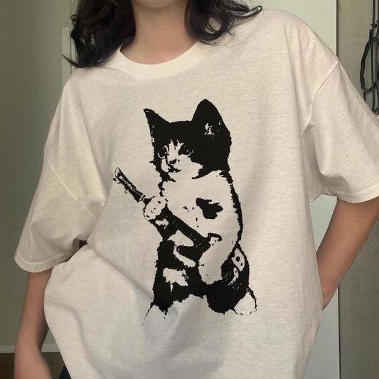 Rockstar Kitten Y2K T-Shirt, Rockstar Gf Aesthetic Cat Tee, Unisex Graphic Tees Gothic Grunge Y2k Emo Scene Amity Affliction Style Clothes Men Women Streetwear