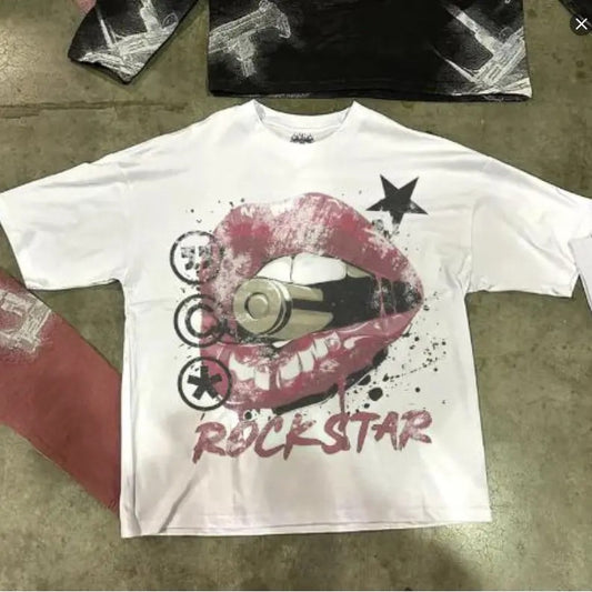 Rockstar Tee, white, screen print, unisex, red, streetwear, lips, grunge, vintage, goth, opium, short sleeveAesthetic Streetwear Y2k Tees Streetwear