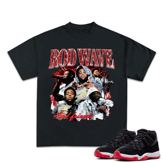 Rod Wave Last Lap Tour Match 11s Bred Velvet Sneakers Outfits, Graphic Tee Cotton T-shirt, Y2K Streetwear Fitted for Men