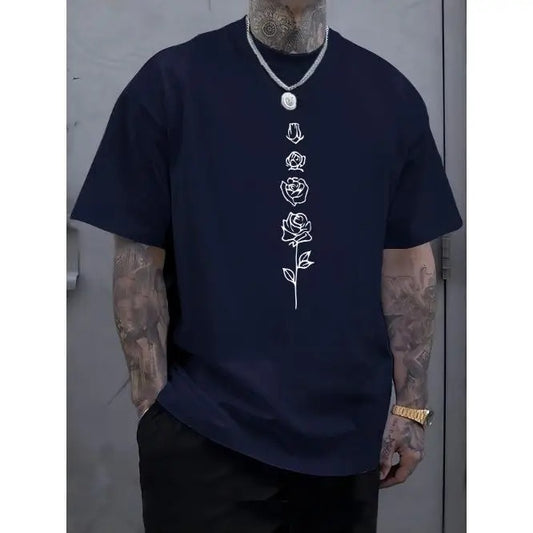 Rose Graphic Print Crew Neck Tee - Stylish Men's Short Sleeve T-Shirt for Outdoor Sports & Leisure Vacation - Comfortable, Breathable, Soft, and Trendy Summer Top Made in USA