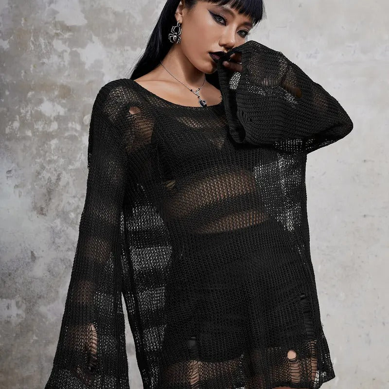 Round Neck Drop Shoulder Sweater Long Flare Sleeve Knit Top