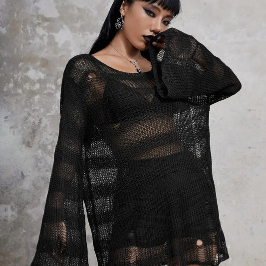 Round Neck Drop Shoulder Sweater Long Flare Sleeve Knit Top
